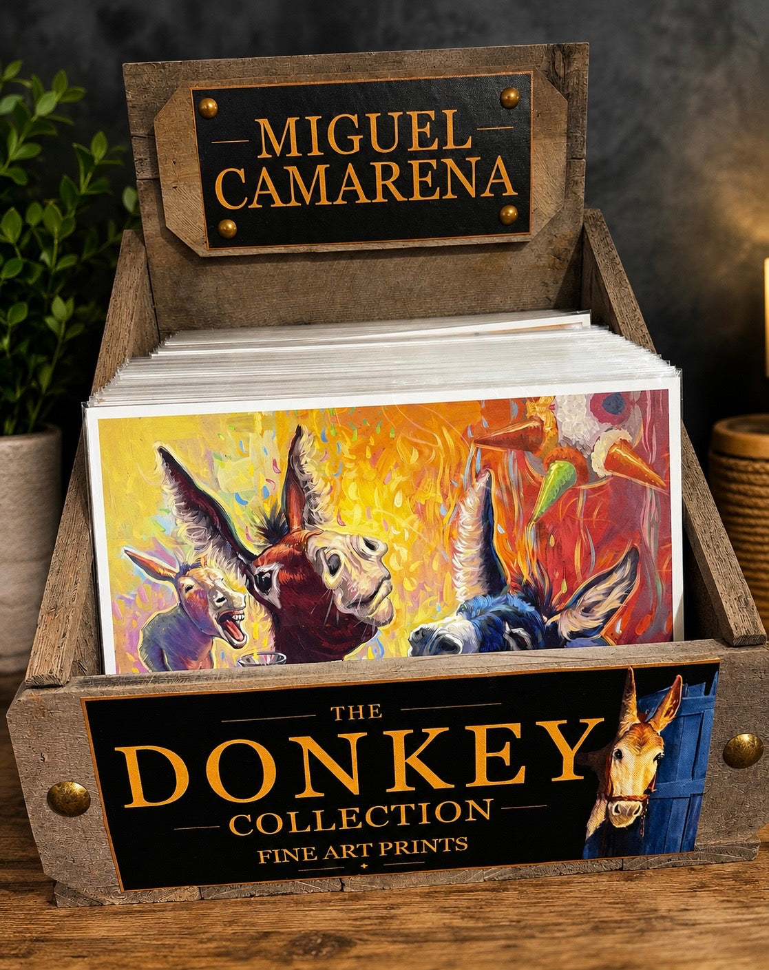 Miguel Camarena Donkey Collection tabletop retail display with packaged 11 x 14 fine art donkey prints