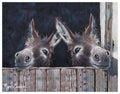 Barnyard Donkey Twins by Miguel Camarena, showing two playful donkeys leaning over a rustic wooden fence.