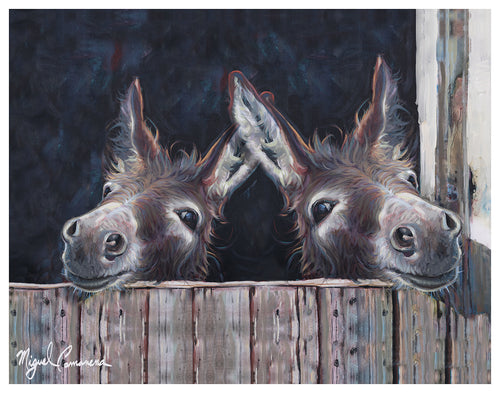 Barnyard Donkey Twins by Miguel Camarena, showing two playful donkeys leaning over a rustic wooden fence.