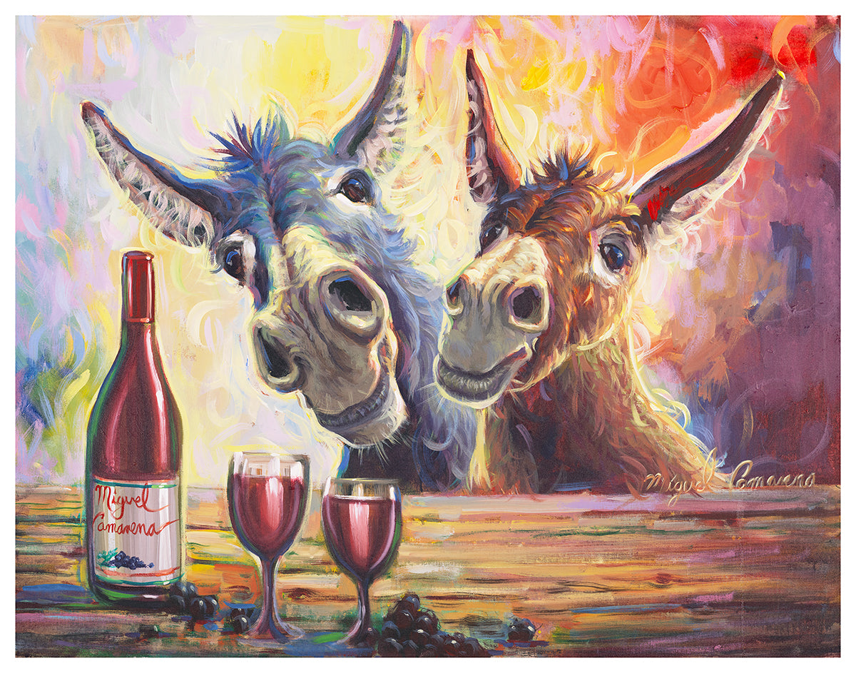 Donkeys Red Wine Dinner Date by Miguel Camarena, showing two donkeys facing each other over a bottle and two glasses of red wine.