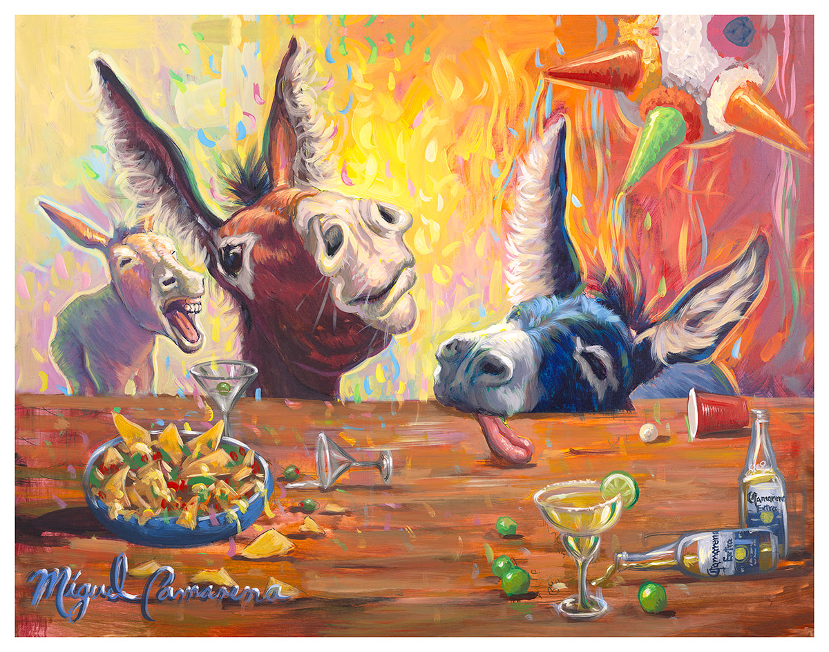 Fiesta Siesta Donkeys by Miguel Camarena, showing three playful donkeys gathered around a colorful cantina table with drinks and food.