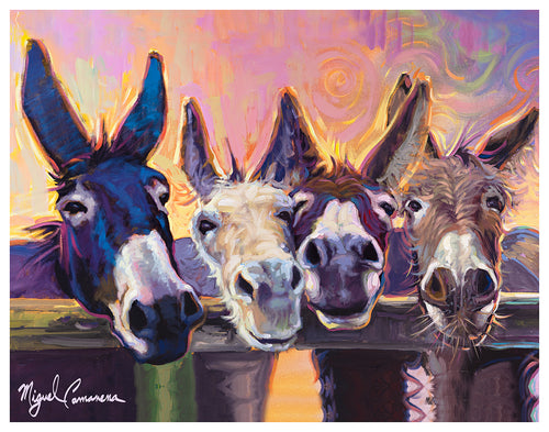 Four Cute Purple Donkeys by Miguel Camarena, showing four playful donkeys leaning over a fence beneath a colorful pink, purple, yellow, and orange sky.