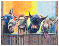 Happy Hour Donkeys by Miguel Camarena, a colorful painting of four playful donkeys laughing over a wooden fence.