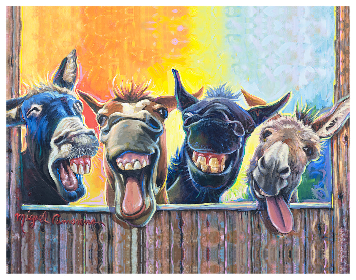 Happy Hour Donkeys by Miguel Camarena, a colorful painting of four playful donkeys laughing over a wooden fence.