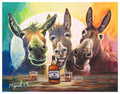 donkeys gathered around a whiskey bottle and three glasses against a bright, colorful background.