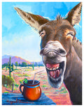 Moscow Mule by Miguel Camarena, showing a smiling donkey beside a copper mug in a colorful desert landscape with cacti and mountains.