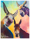 Three Curious Donkeys by Miguel Camarena, showing three colorful donkeys peering into the scene against a bright pastel background.