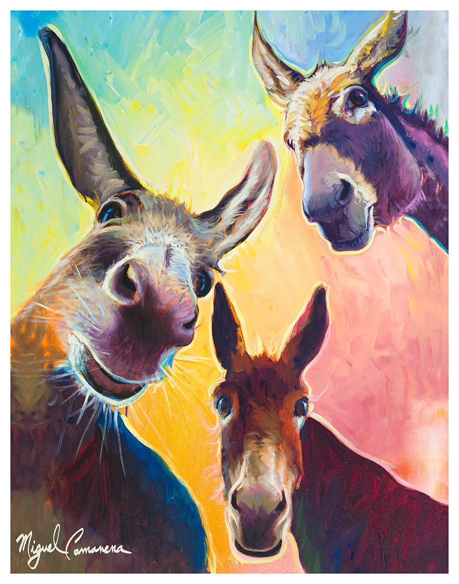 Three Curious Donkeys by Miguel Camarena, showing three colorful donkeys peering into the scene against a bright pastel background.