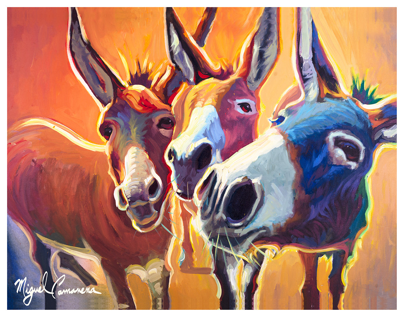 Three Donkeys by Miguel Camarena, a vibrant painting of three colorful donkeys grouped together against a warm orange and yellow background.