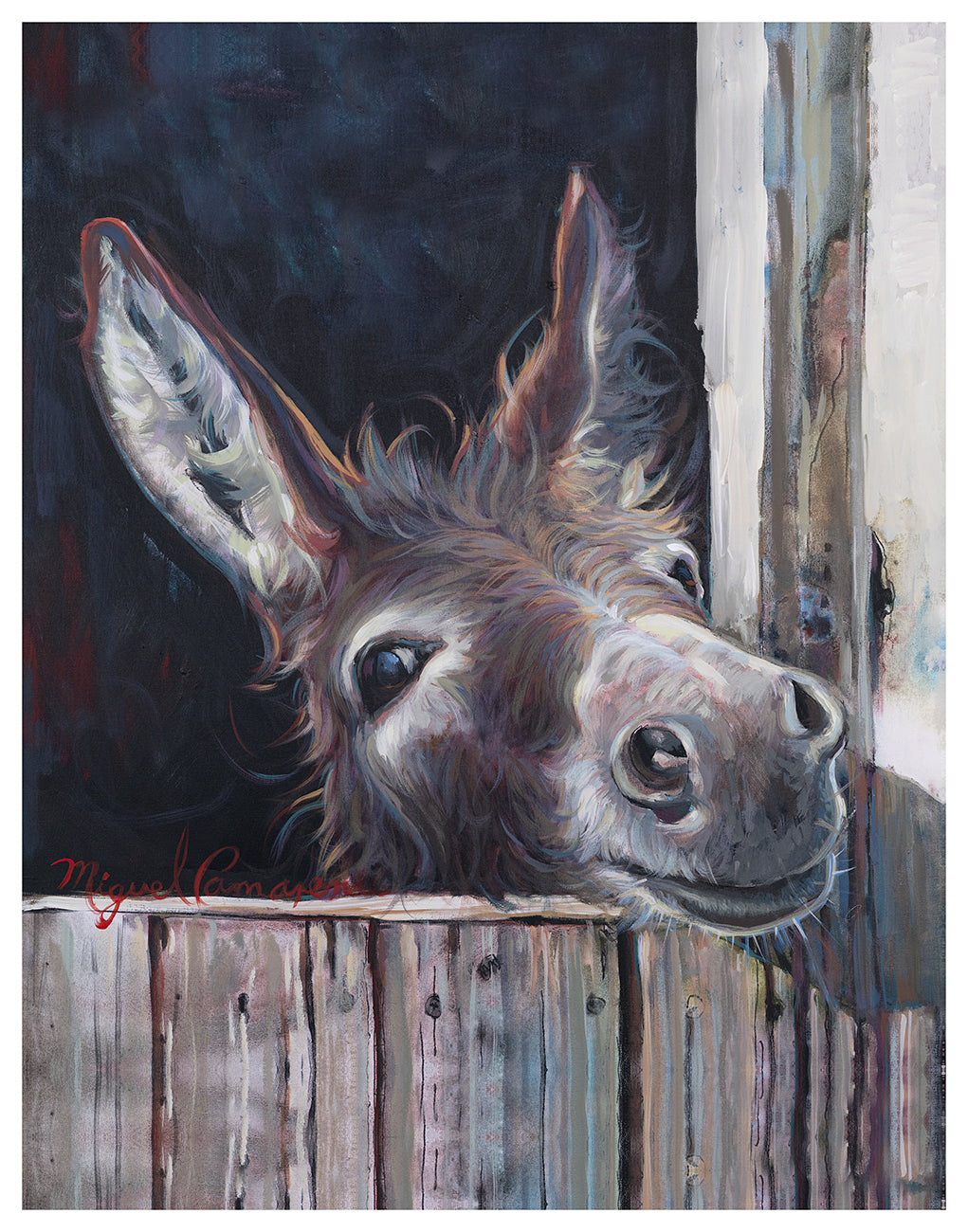 Vertical Barnyard Donkey by Miguel Camarena, showing a curious donkey leaning over a rustic wooden stable door against a dark background.