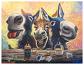 Whiskey Donkey’s Card Game by Miguel Camarena, showing three playful donkeys around a table with whiskey, shot glasses, and playing cards.